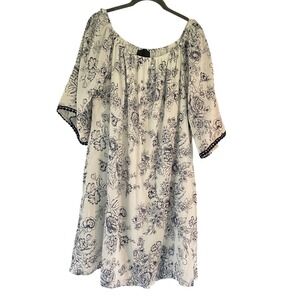 NWT Lavender Sky Women's Floral Print Off Shoulder Dress, XL, White Blue Fringe